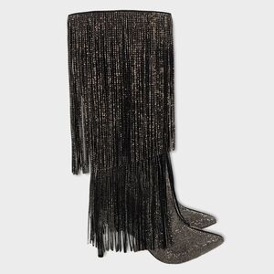 INC Ishani Bling Rhinostones Beaded Fringe Pointed Toe Knee-High Tall Boots Blac